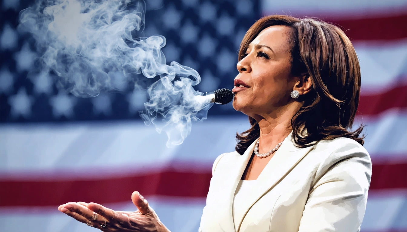 Person in white suit holding a smoking microphone, American flag blurred in the background