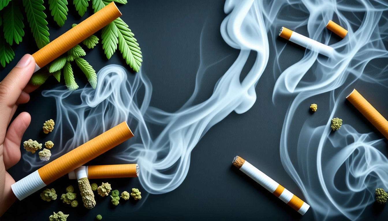 Side-by-side comparison showing a healthy pink lung next to a damaged dark lung, with a cannabis leaf and tobacco leaf nearby