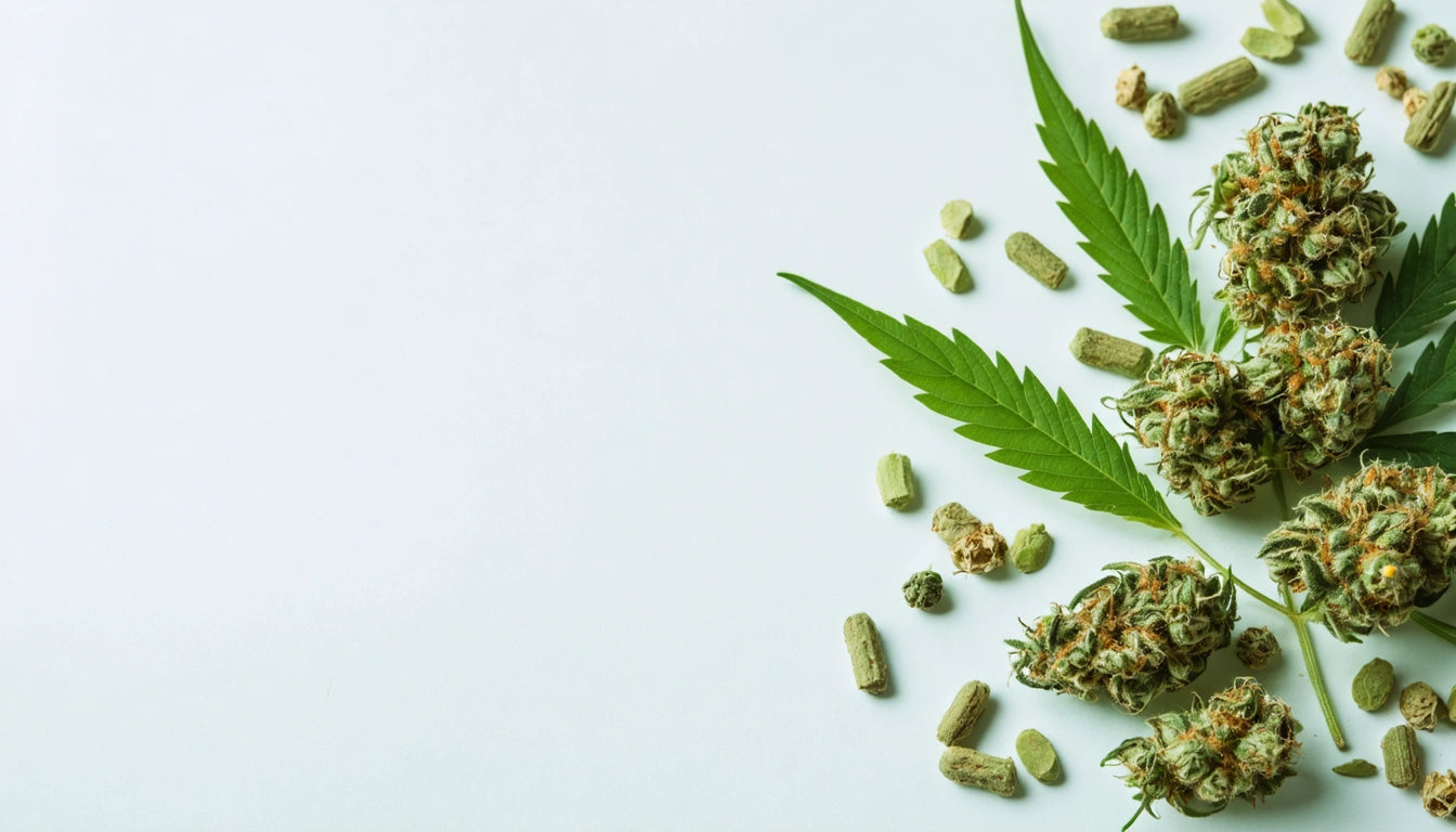 Green cannabis leaves and buds scattered on a white surface with small green pellets