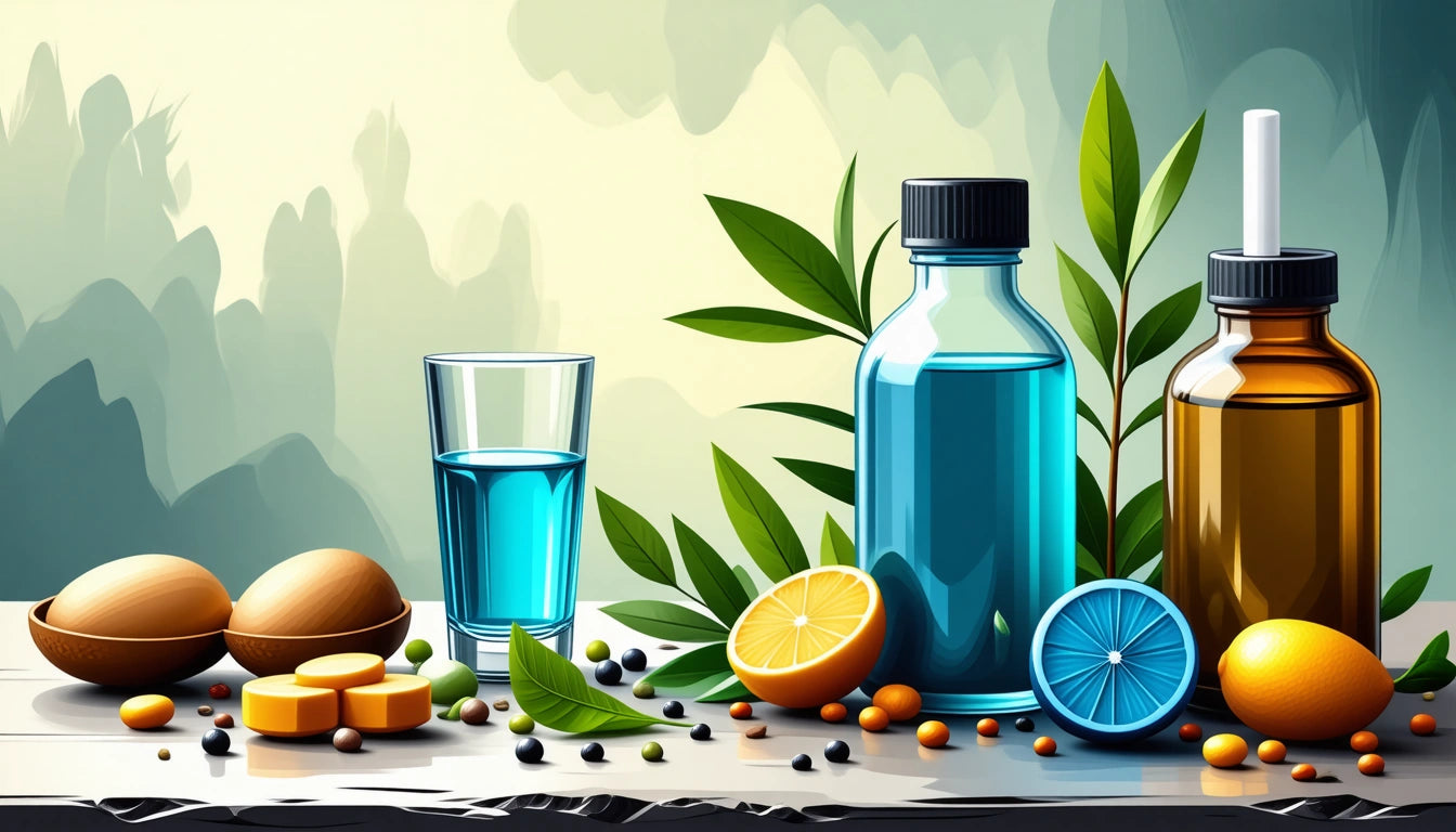 Blue and amber bottles with black caps, glass of blue liquid, sliced citrus fruits, nuts, and green leaves on a surface