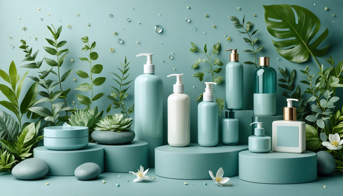 Assorted teal and white bottles on circular platforms, surrounded by green leaves and small white flowers, with water droplets
