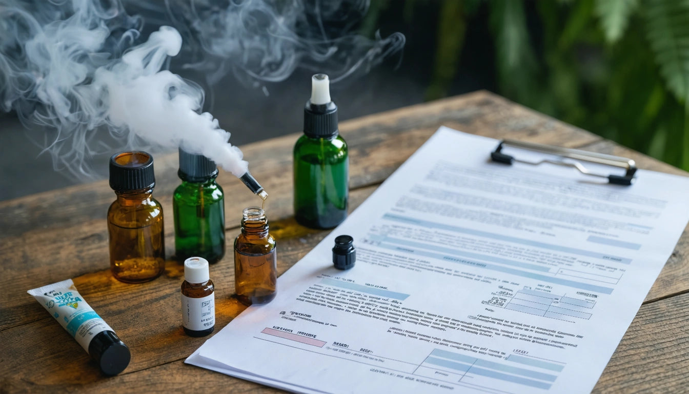 Brown and green bottles with droppers on wooden table, smoke rising from one. Papers and clipboard nearby, plants in background