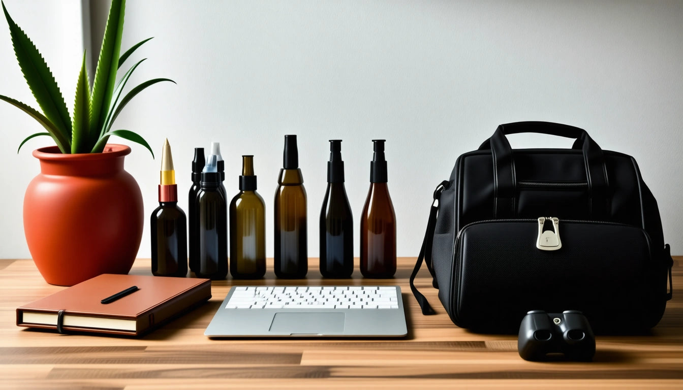 Potted plant, various bottles, laptop, black bag, and mouse on wooden desk