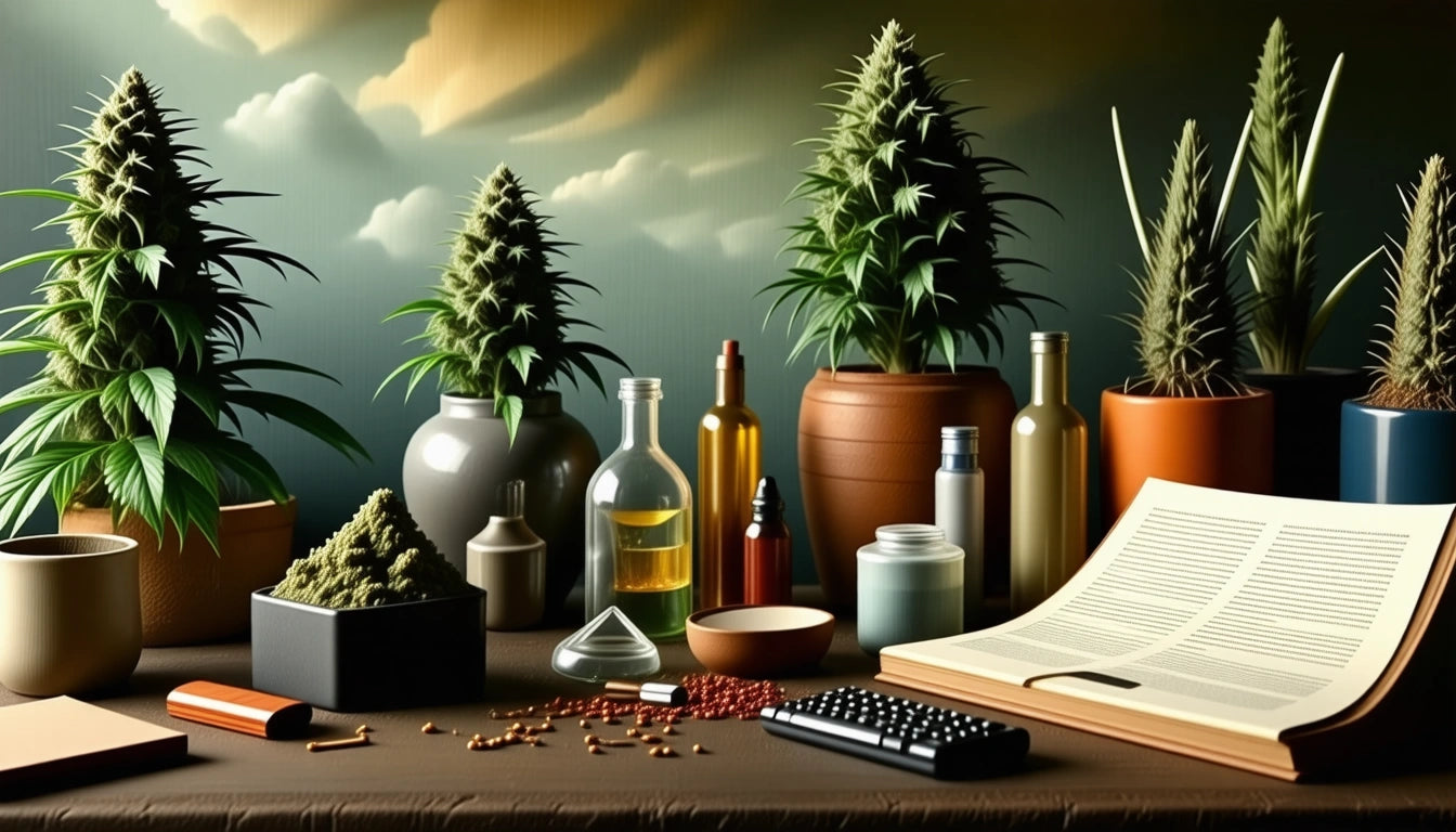 Potted plants, bottles, open book, and scattered seeds on a table with a cloudy sky backdrop