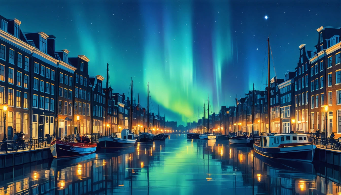 Canal lined with lit buildings and boats under a night sky with vibrant green and blue auroras