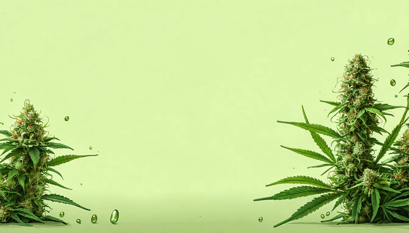 Two cannabis plants with green leaves and buds on a light green background, with small water droplets scattered around