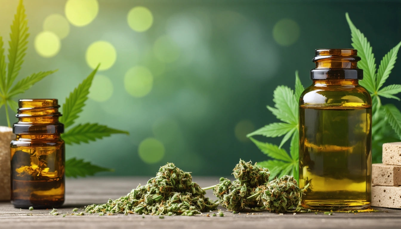 Amber glass bottles with liquid, green leaves, and clusters of dried plant material on a wooden surface, blurred green background