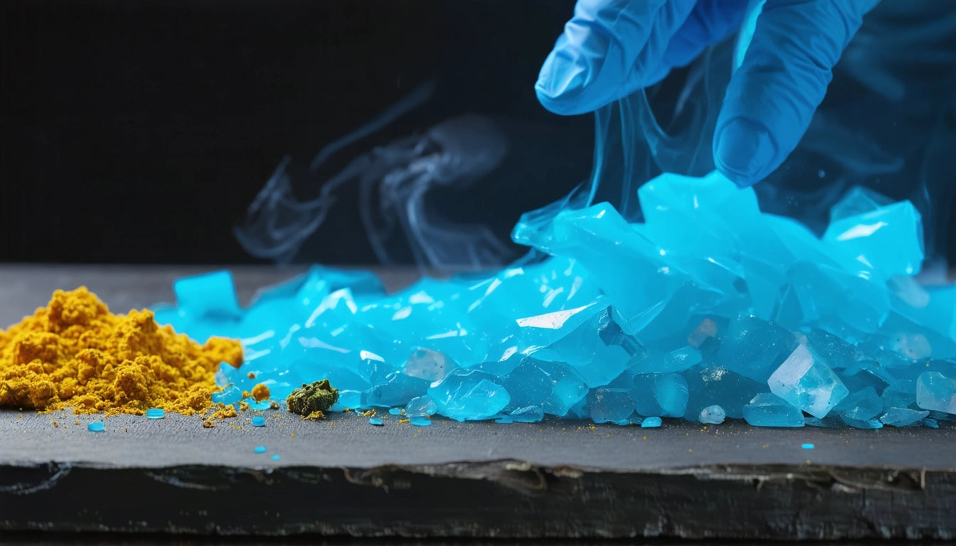 Gloved hand arranging blue crystals on slate surface, with small piles of yellow and green powder nearby, wisps of smoke rising