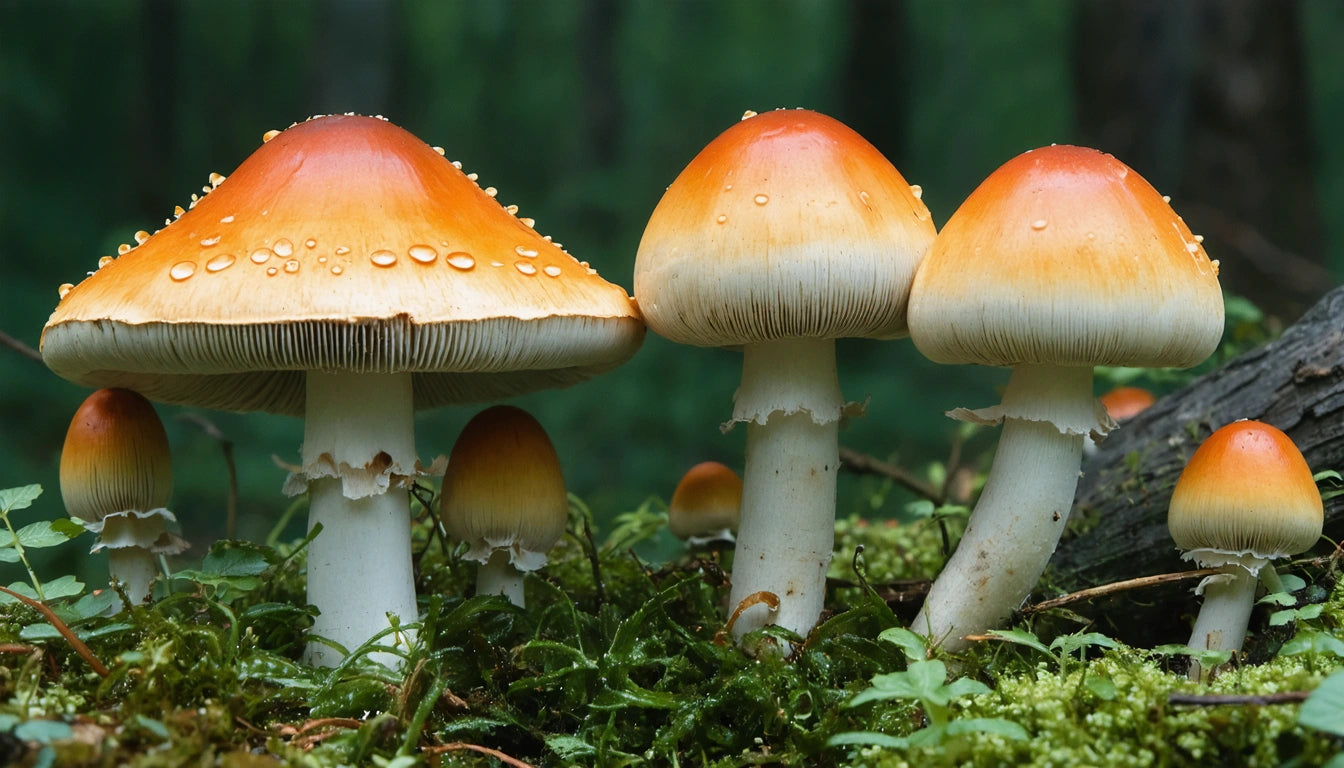 Orange-capped mushrooms with white stems growing among green moss in a forest setting