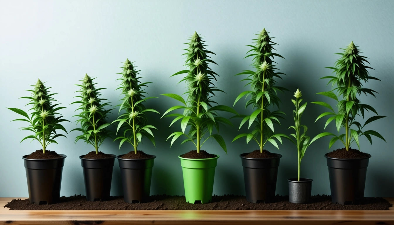 Six potted plants in a row, five in black pots and one in a green pot, on a wooden surface against a light blue wall