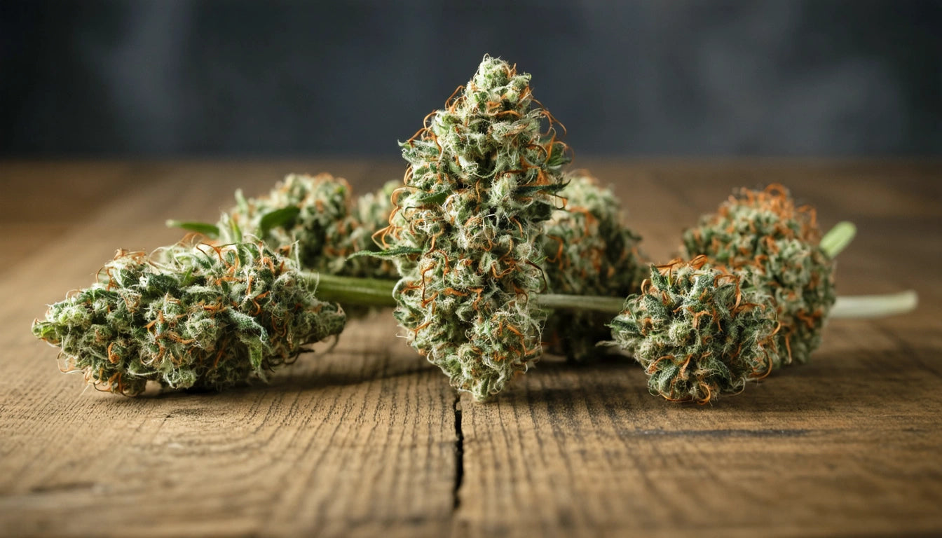 Four dense, green buds with orange hairs on a wooden surface, dark background