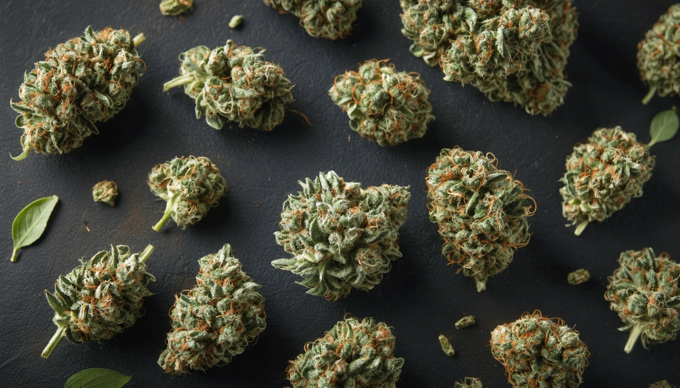 Green, textured plant buds scattered on a dark surface with a few small leaves