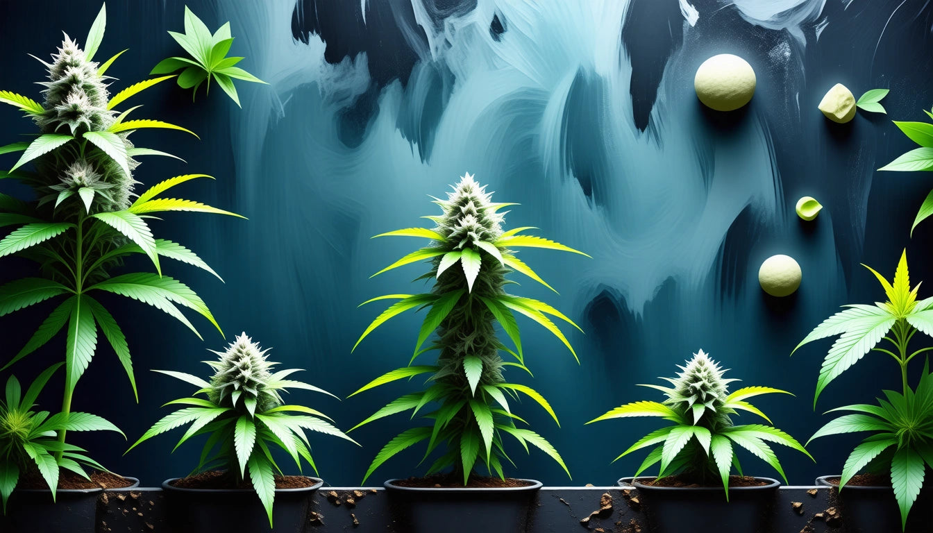 Five potted plants with spiky leaves against a dark blue abstract background with circular shapes