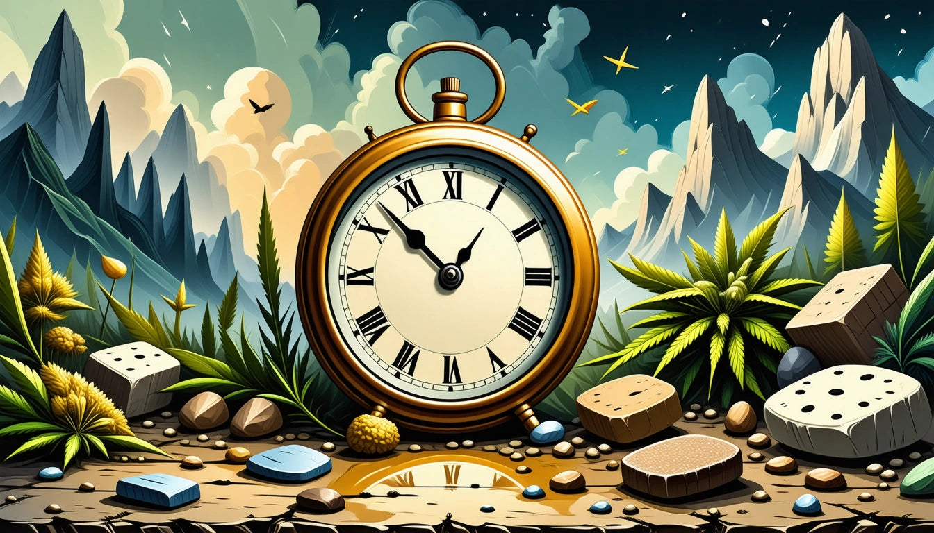 A large pocket watch with Roman numerals sits among rocks and plants, with mountains and clouds in the background