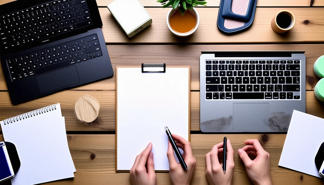 Hands holding pens over blank clipboard on wooden desk, surrounded by two laptops, a plant, a coffee cup, and a notepad