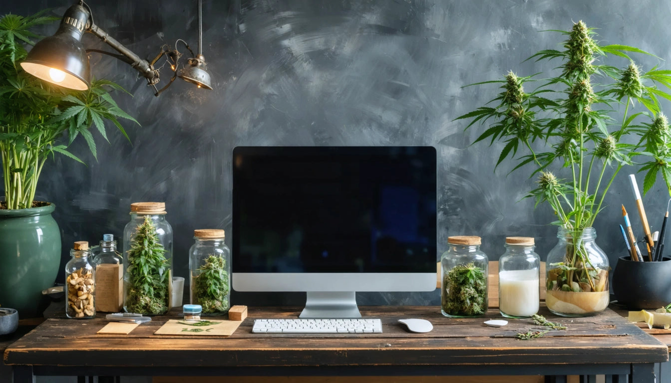Computer on wooden desk with jars of plants, potted plants, keyboard, and desk lamps against a dark chalkboard wall