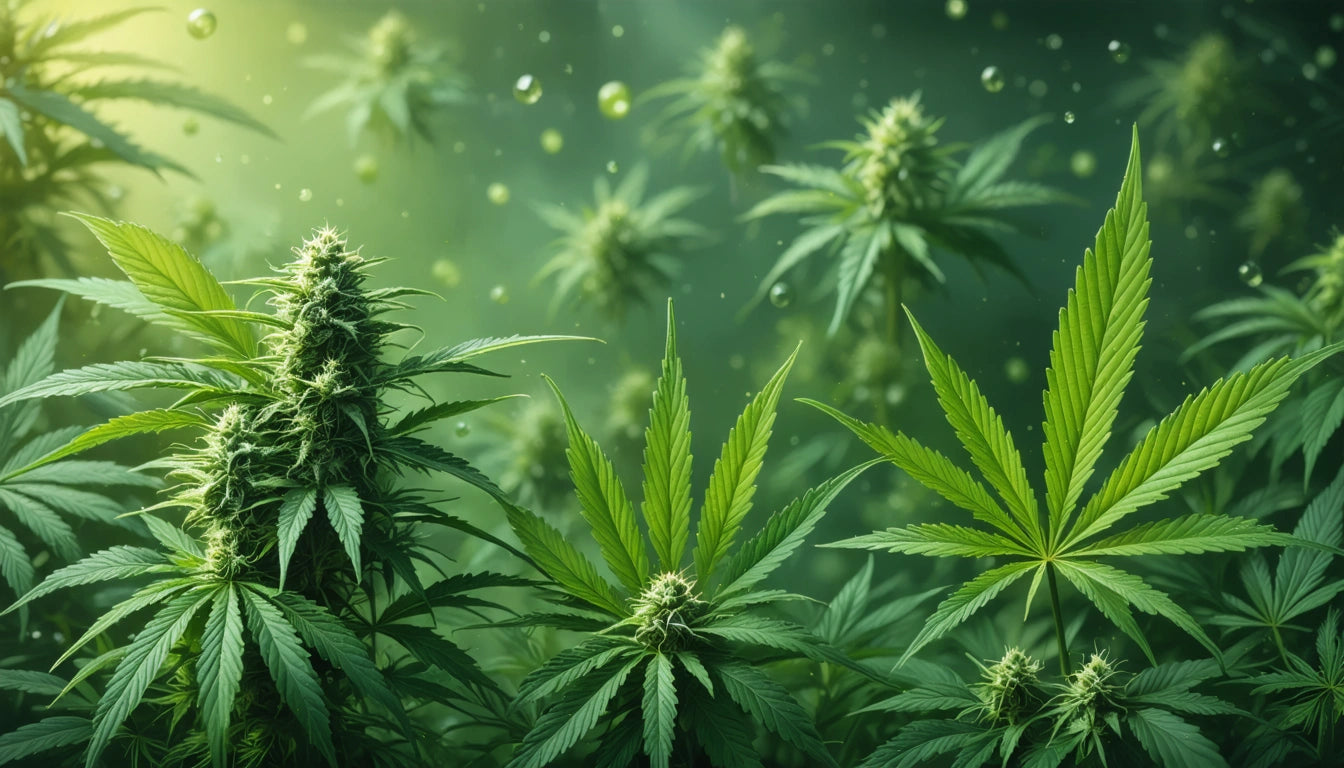 Dense green plants with jagged leaves and buds, surrounded by floating droplets, in soft, diffused lighting