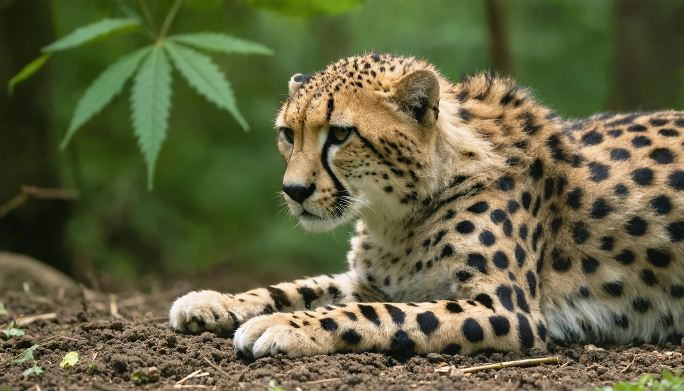 Cheetah lying on dirt ground, surrounded by green foliage, with focus on its spotted fur and alert expression