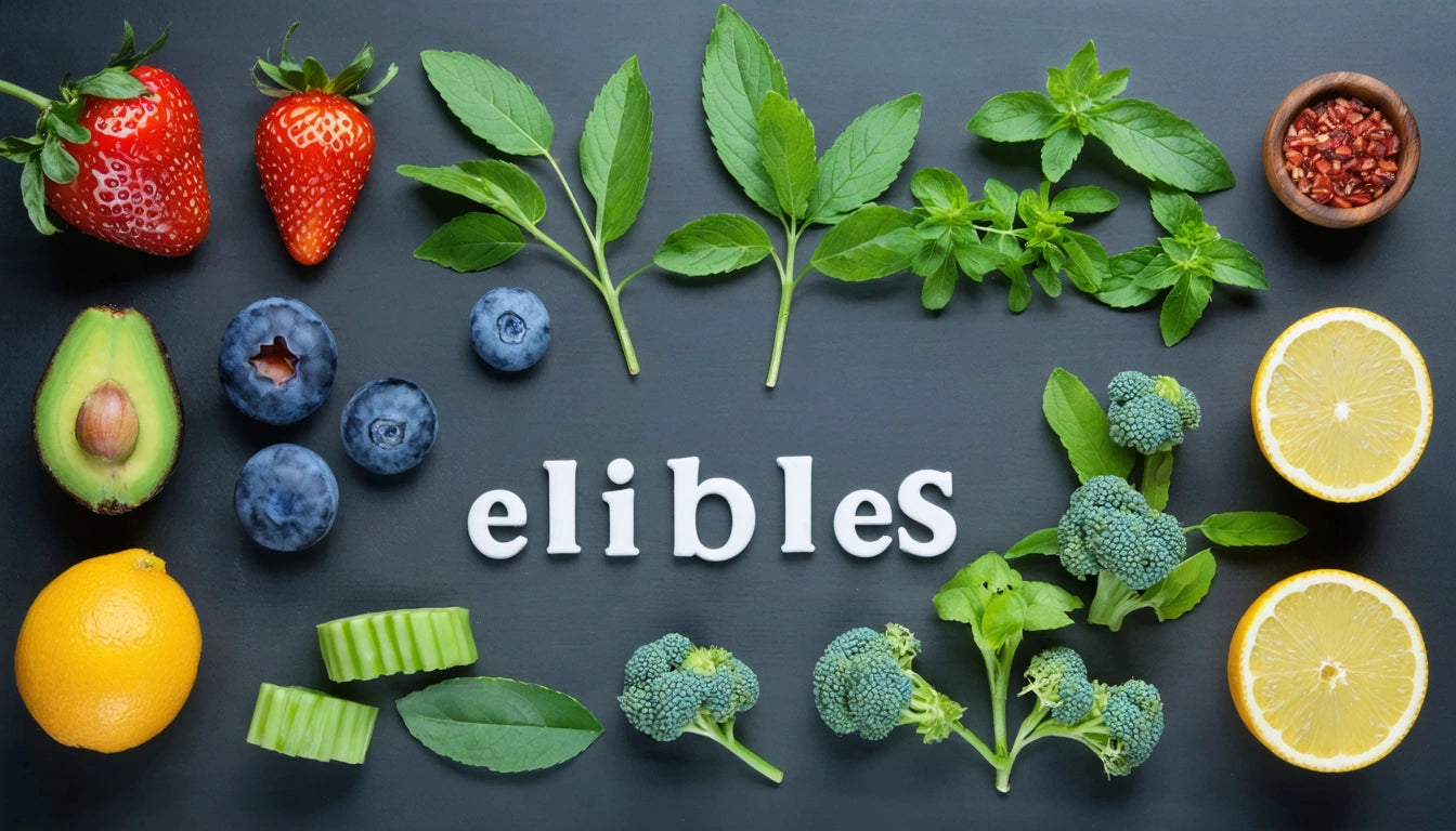 Strawberries, blueberries, avocado, lemon halves, broccoli, cucumber slices, mint leaves, and red seeds around the word "elibles"