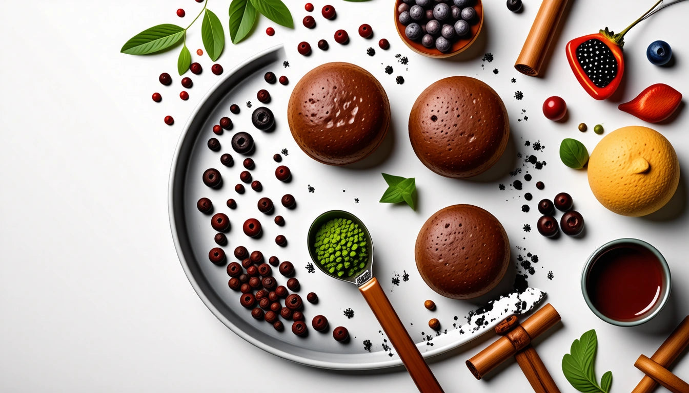 Three chocolate muffins on a white surface surrounded by berries, leaves, a lemon, cinnamon sticks, and a cup of tea