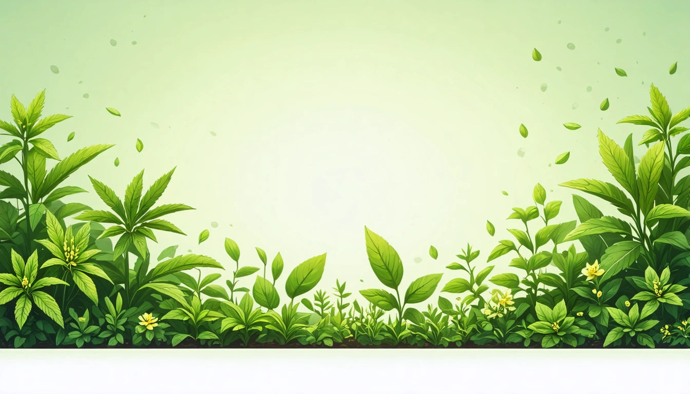 Various green plants and leaves against a light green background, with small yellow flowers scattered throughout