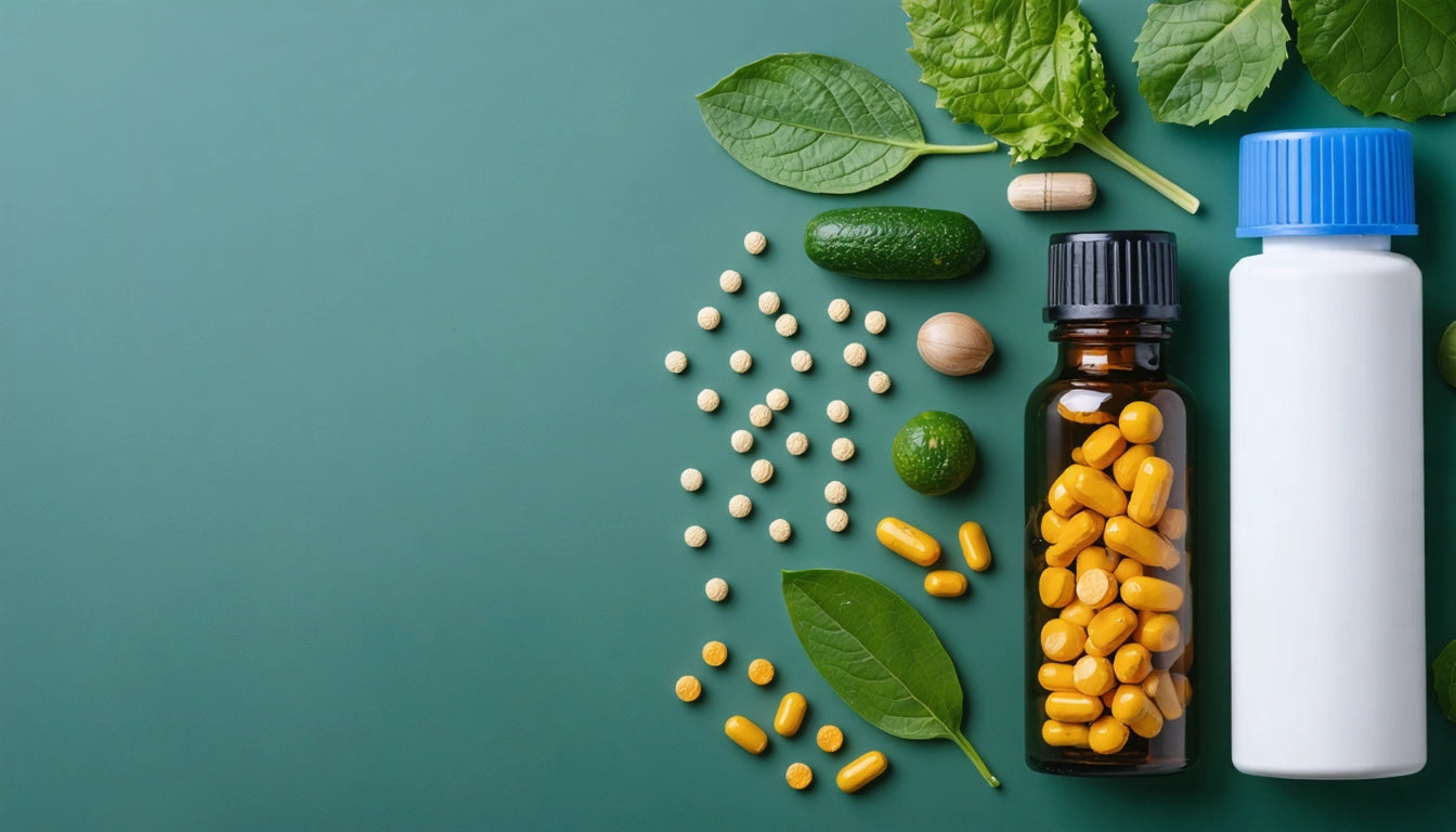 Brown bottle with yellow capsules, white bottle with blue cap, green leaves, small cucumbers, and scattered pills on green background