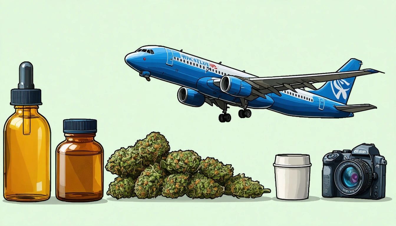 Blue airplane flying above brown bottles, green plant buds, white cup, and black camera on light background