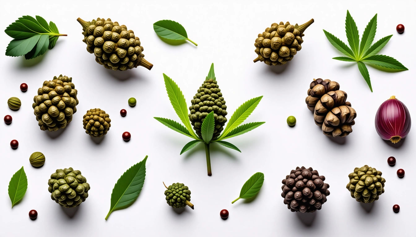 Green and brown pinecones, green leaves, red and green berries, and a purple onion arranged on a white background