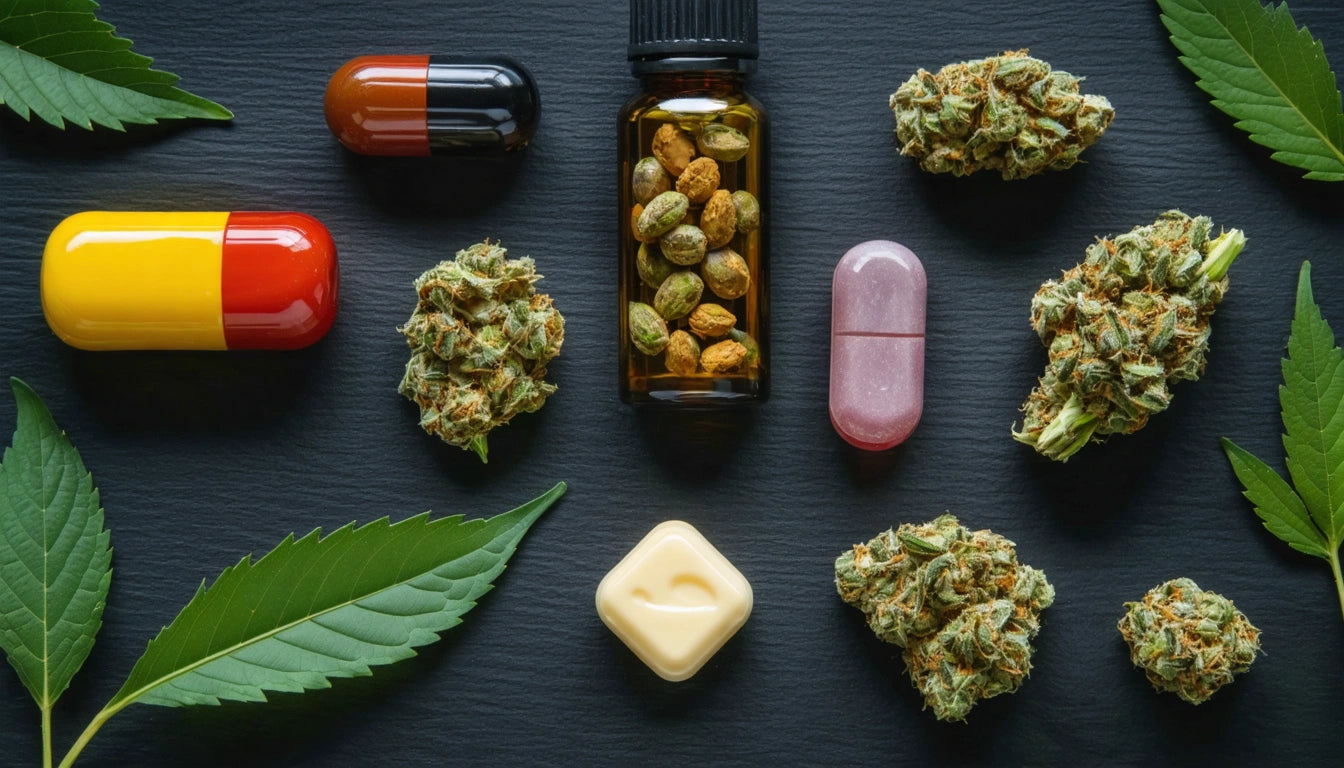 Colorful capsules, a bottle with round objects, cannabis buds, green leaves, and a small cream container on a dark surface