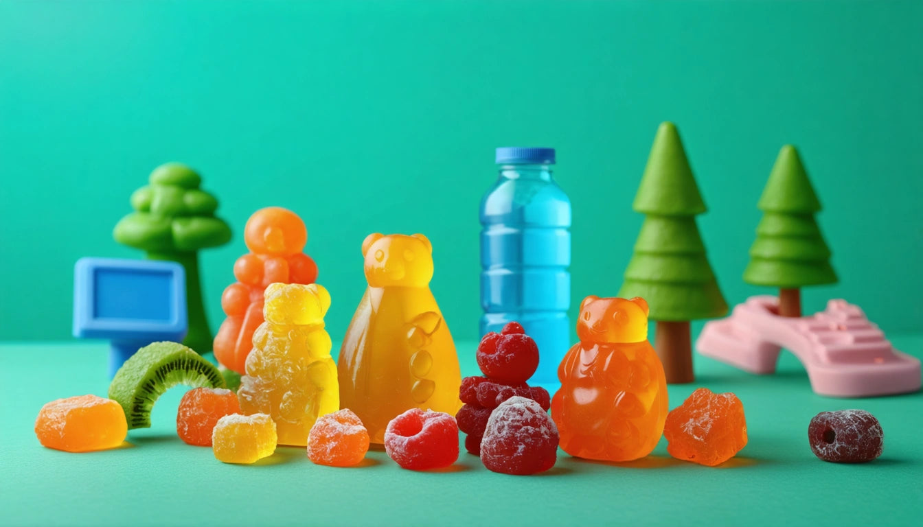 Colorful gummy bears and candies on a green surface, with toy trees, a blue bottle, and a pink slide in the background