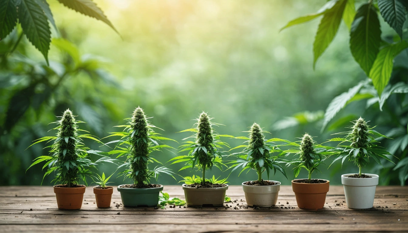 Seven potted plants with green leaves on a wooden surface, surrounded by blurred greenery and soft sunlight in the background