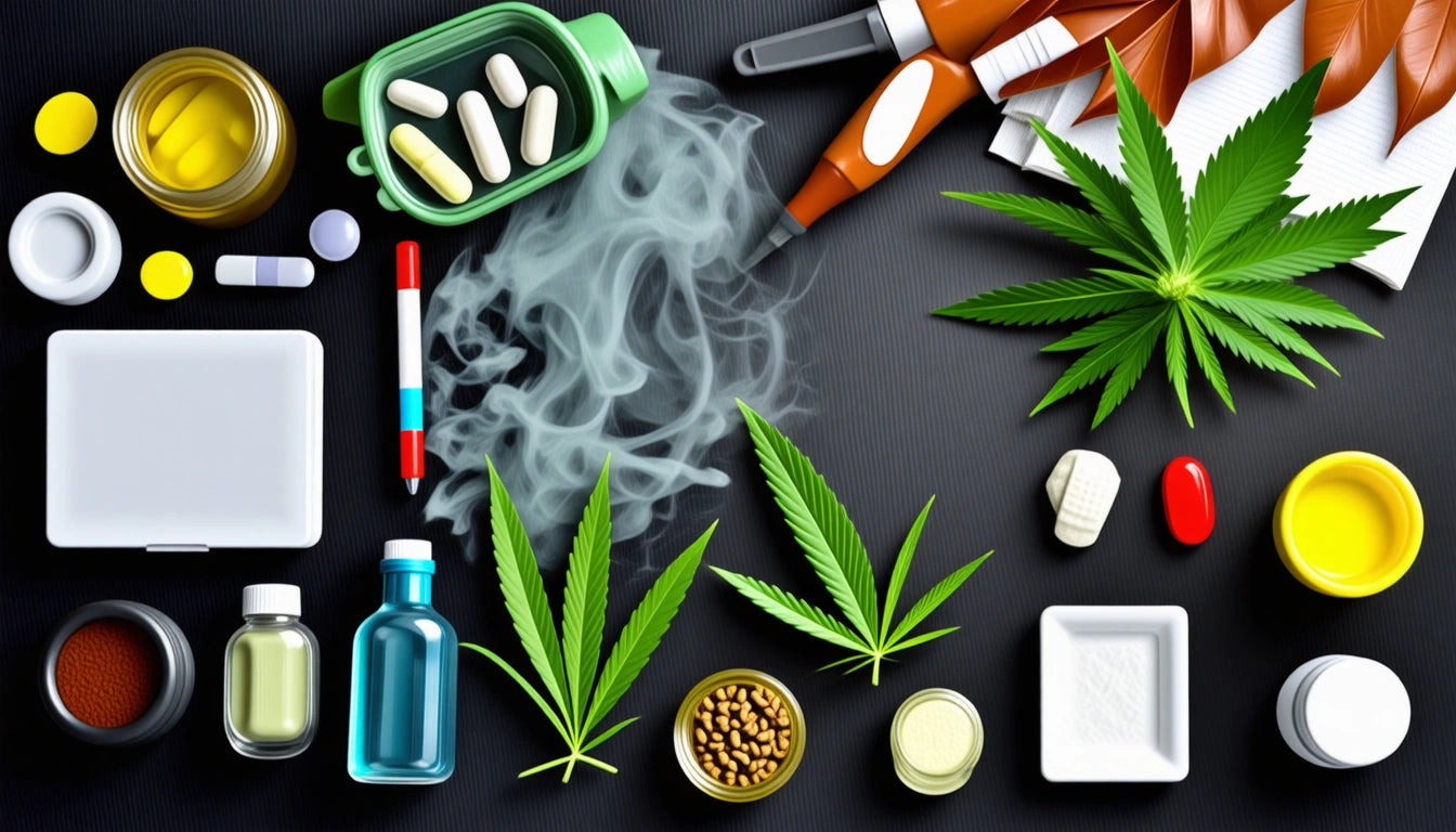 Various pills, bottles, and cannabis leaves on a dark surface with smoke swirling in the center