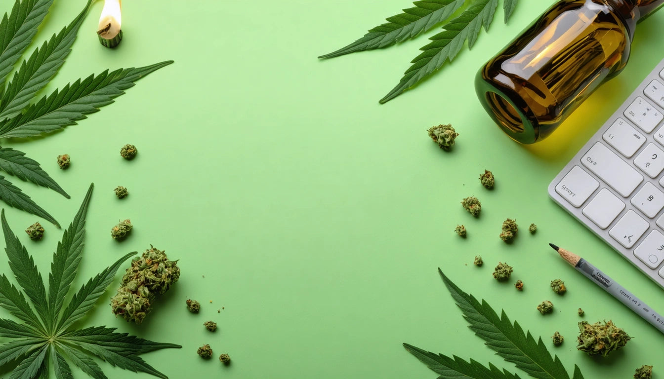 Green leaves, scattered buds, brown bottle, and part of a keyboard on a light green surface