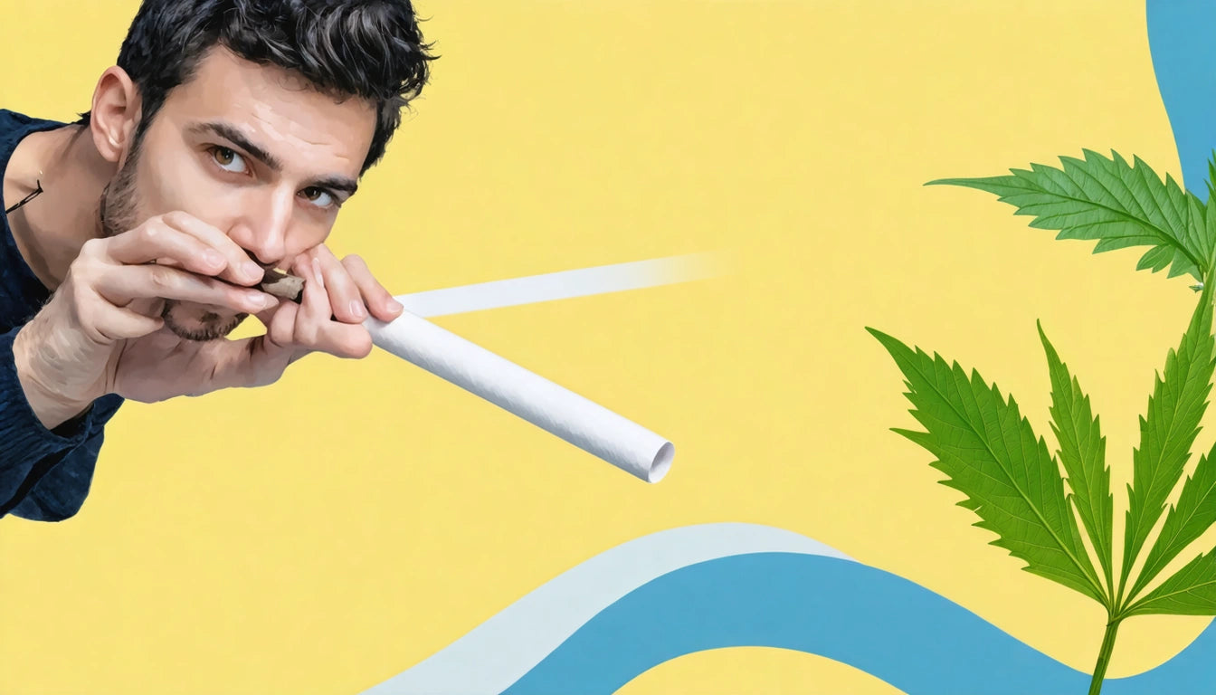 Man with dark hair blowing into a white tube, yellow background, green leaf on right, blue and white curved lines