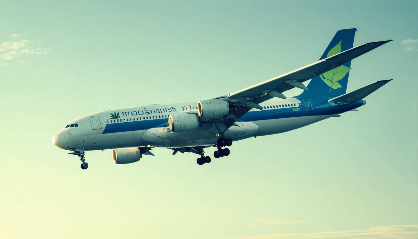 Airplane with blue and white livery flying in clear sky, landing gear extended, sunlight illuminating the fuselage