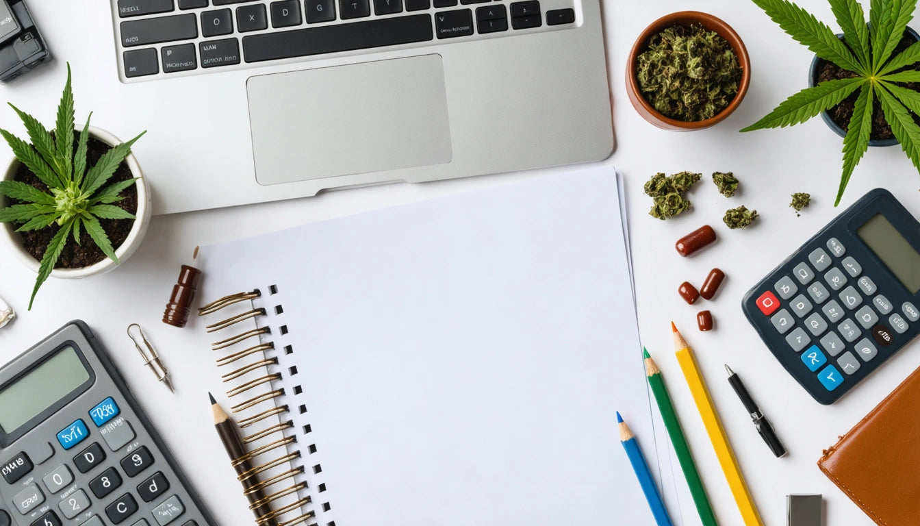 Open laptop, blank spiral notebook, colored pencils, calculators, cannabis leaves, and capsules on white surface