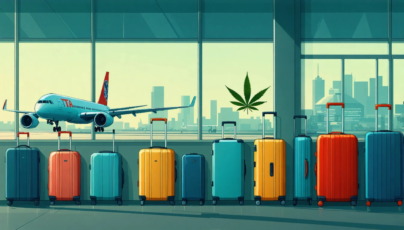 Luggage lined up in front of airport window, airplane on runway, city skyline visible, large leaf decal on glass