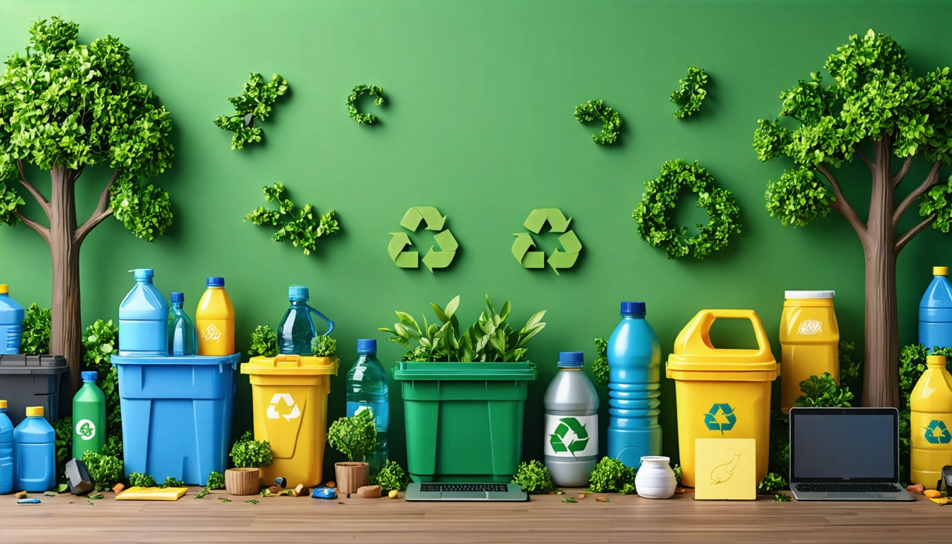 Colorful recycling bins and bottles on wooden floor, green wall with plant decor and recycling symbols, laptop on right