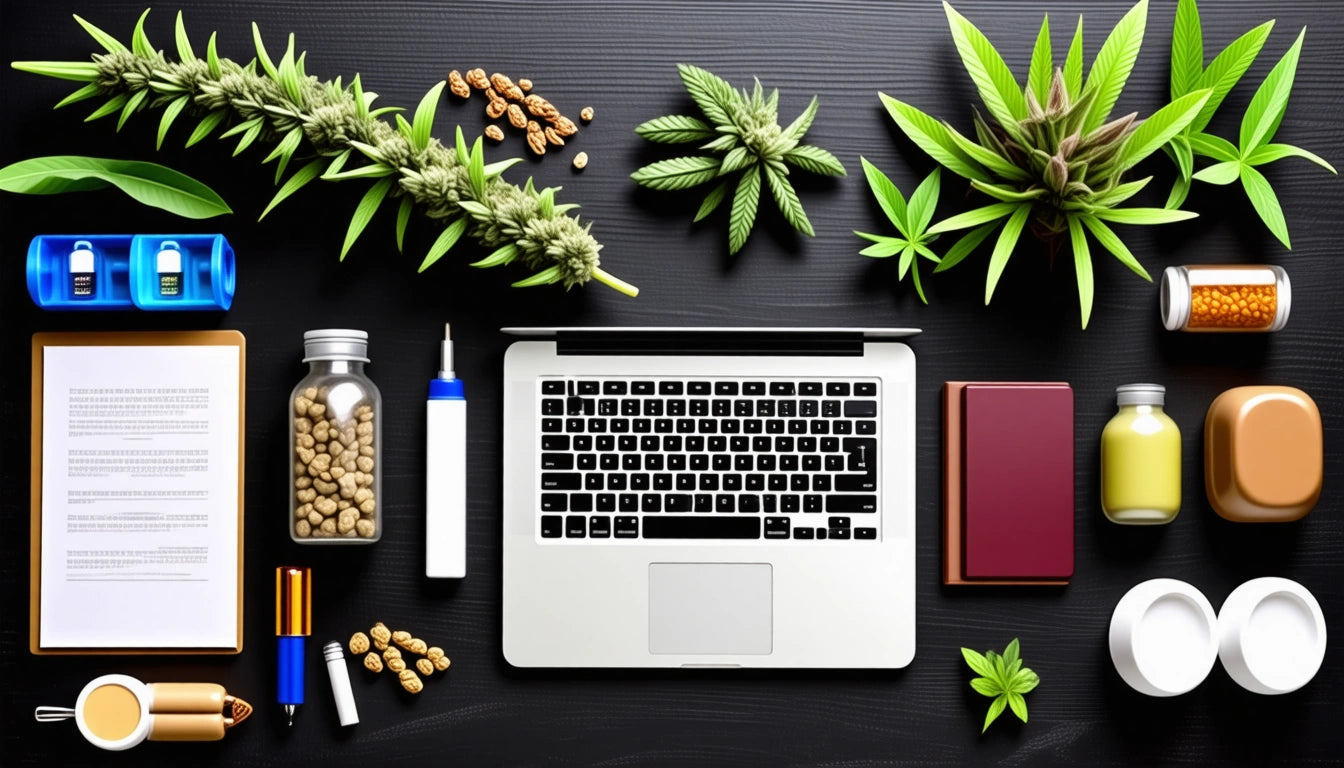 Laptop on black surface surrounded by leaves, pills, a notebook, a pen, a dropper bottle, and a jar of seeds
