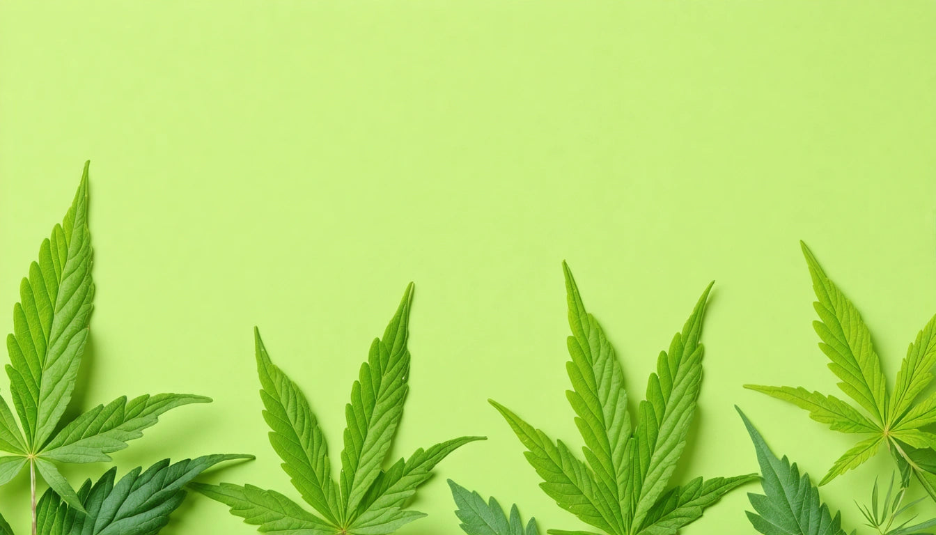Green cannabis leaves arranged at the bottom against a light green background