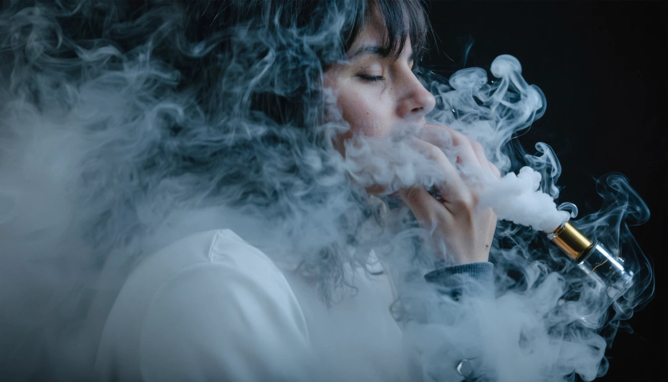 Person with closed eyes exhaling thick white smoke, surrounded by swirling vapor against a dark background