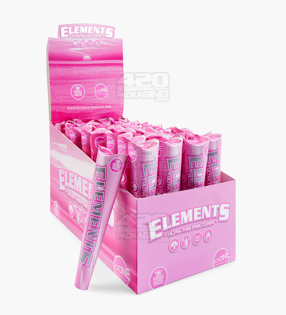 Elements 109mm King Size Ultra Thin Pink Rice Pre Rolled Cones 32/Box
