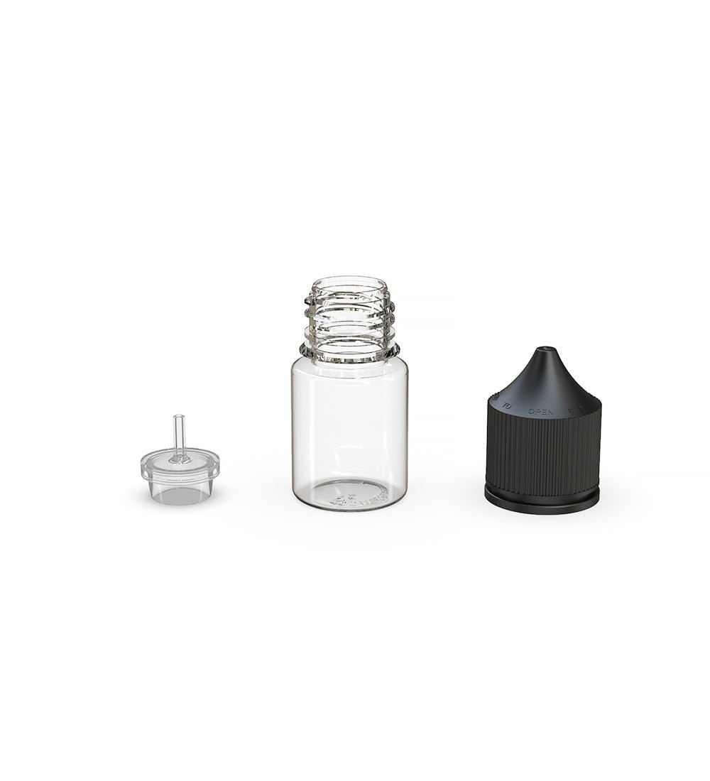 20mL Chubby Gorilla Clear Child Resistant PET Stubby Unicorn Dropper Bottles w/ Black Closure 1000/Box - 4