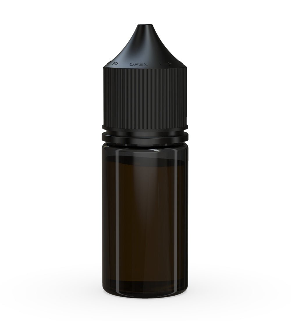 30mL Chubby Gorilla Clear Black Child Resistant PET Stubby Unicorn Dropper Bottles w/ Black Closure 1000/Box - 3