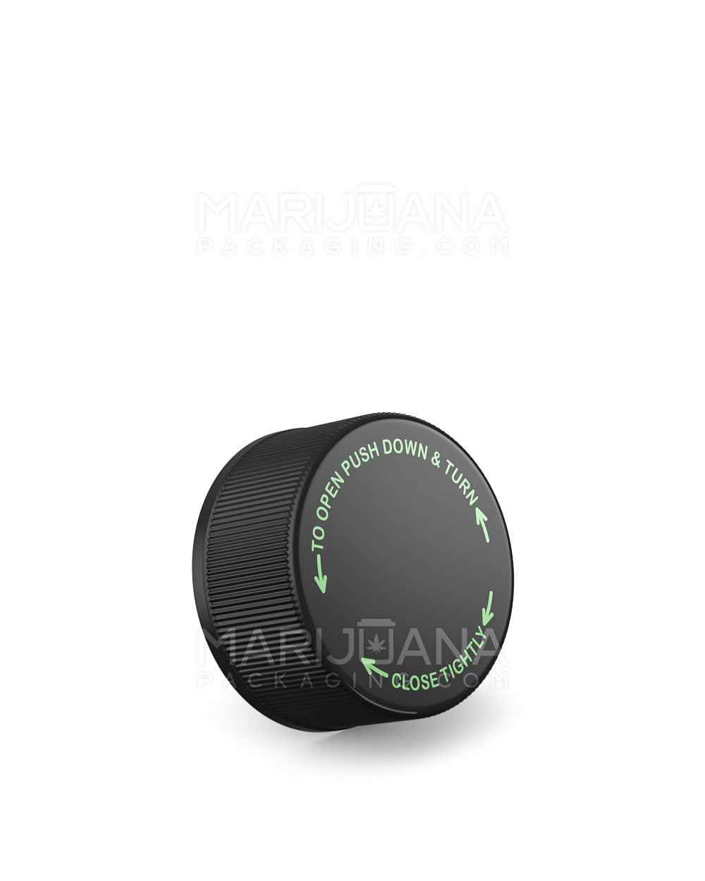 Child Resistant Ribbed Push Down & Turn Plastic Caps w/ Text | 28mm - Glossy Black | Sample