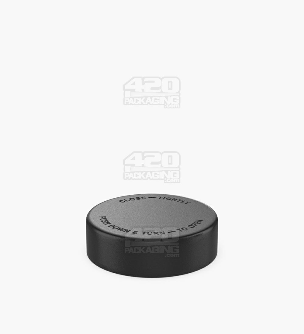 Child Resistant | Smooth Push Down & Turn Plastic Caps w/ Text & Foam Induction Heat Seal Liner | 50mm - Matte Black - 100 Count