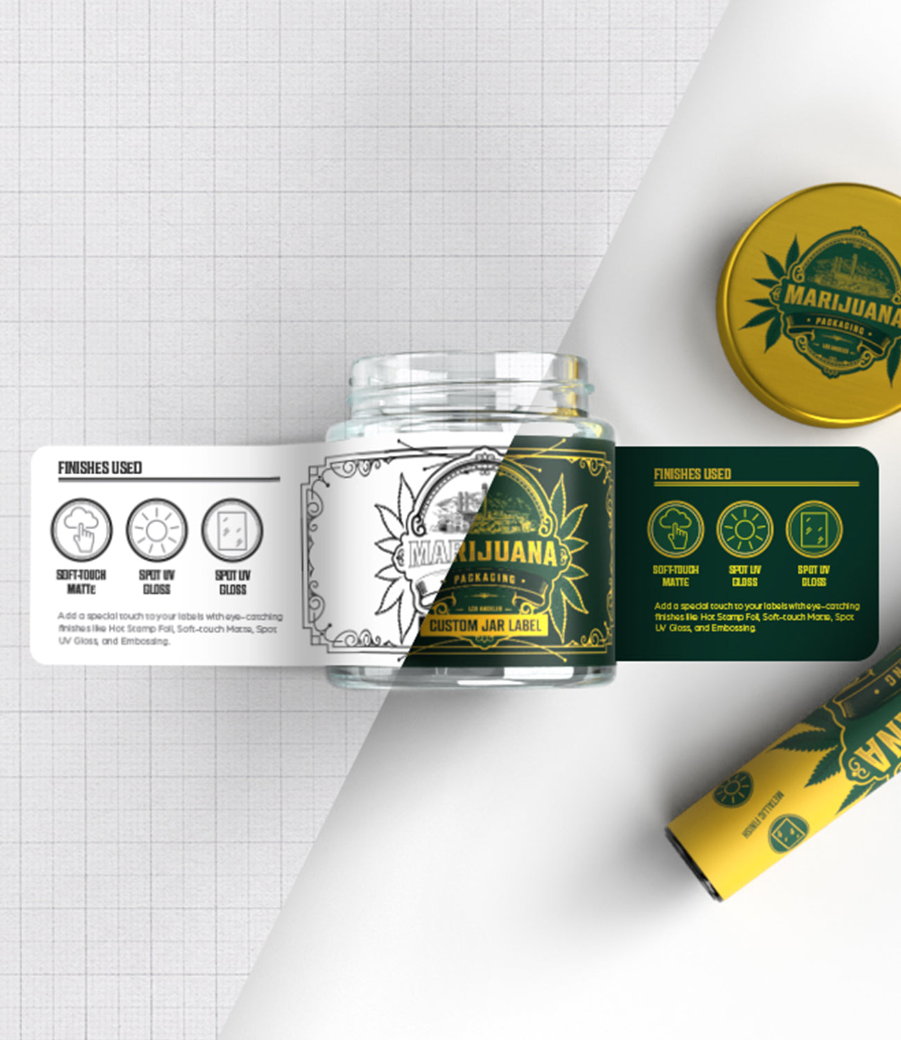 Custom branded labeled cannabis jar with tin container and pre-roll joint tube on white background zoomed in