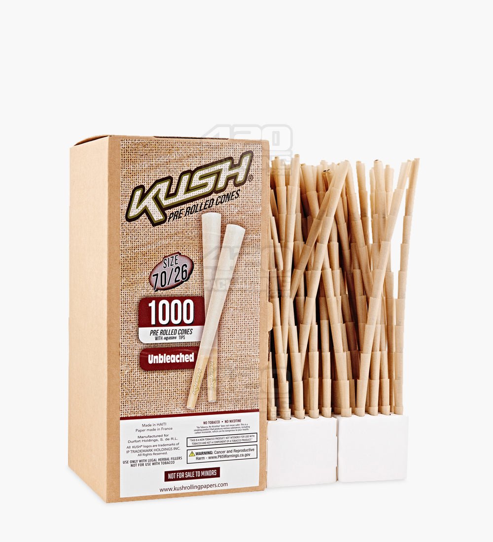 Kush 70mm Dogwalker Size Unbleached Brown Pre Rolled Cones w/ Filter Tip 1000/Box - 2