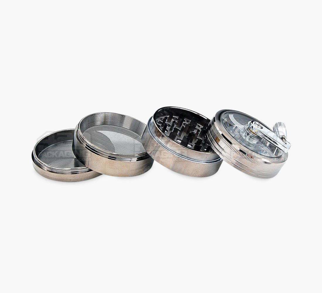 4 Piece 63mm Silver Chromium Crusher Magnetic Metal Grinder w/ Handle - 3