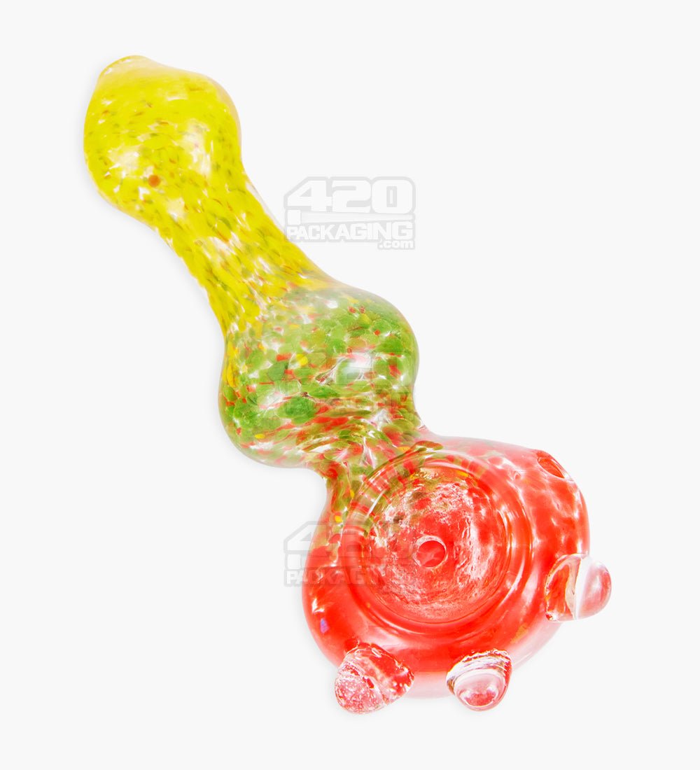 Frit Bulged Spoon Hand Pipe w/ Triple Knockers | 4in - Glass - Rasta - 1